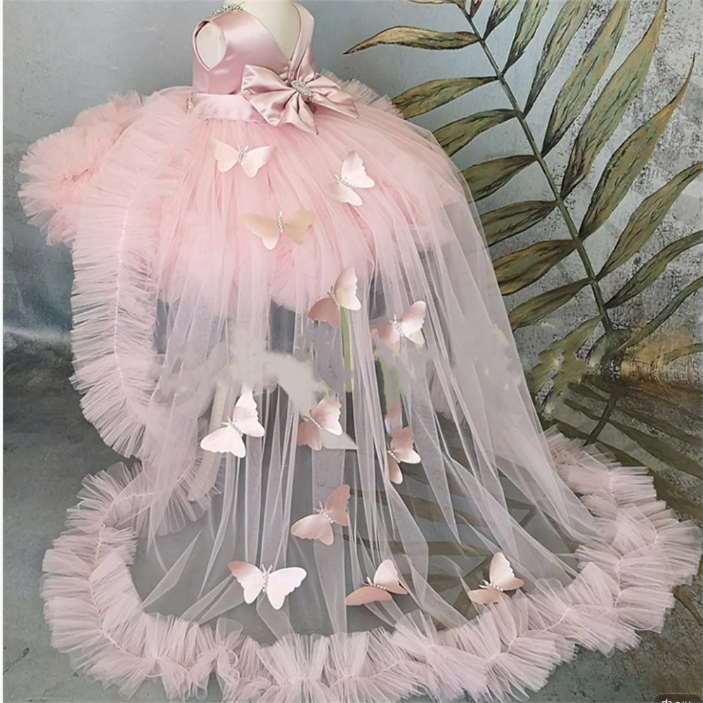 

Платье для девочки с пушистыми цветами, аппликация до колена с бабочками для празднования первого причастия, дня рождения, свадьбы, выпускного, 2023