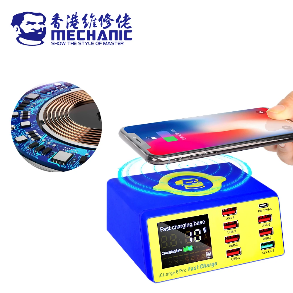 mechanic icharge 8 pro wireless charger pd 18w smart charger qc 3 0 fast charging base lcd digital display mobile phone repair free global shipping