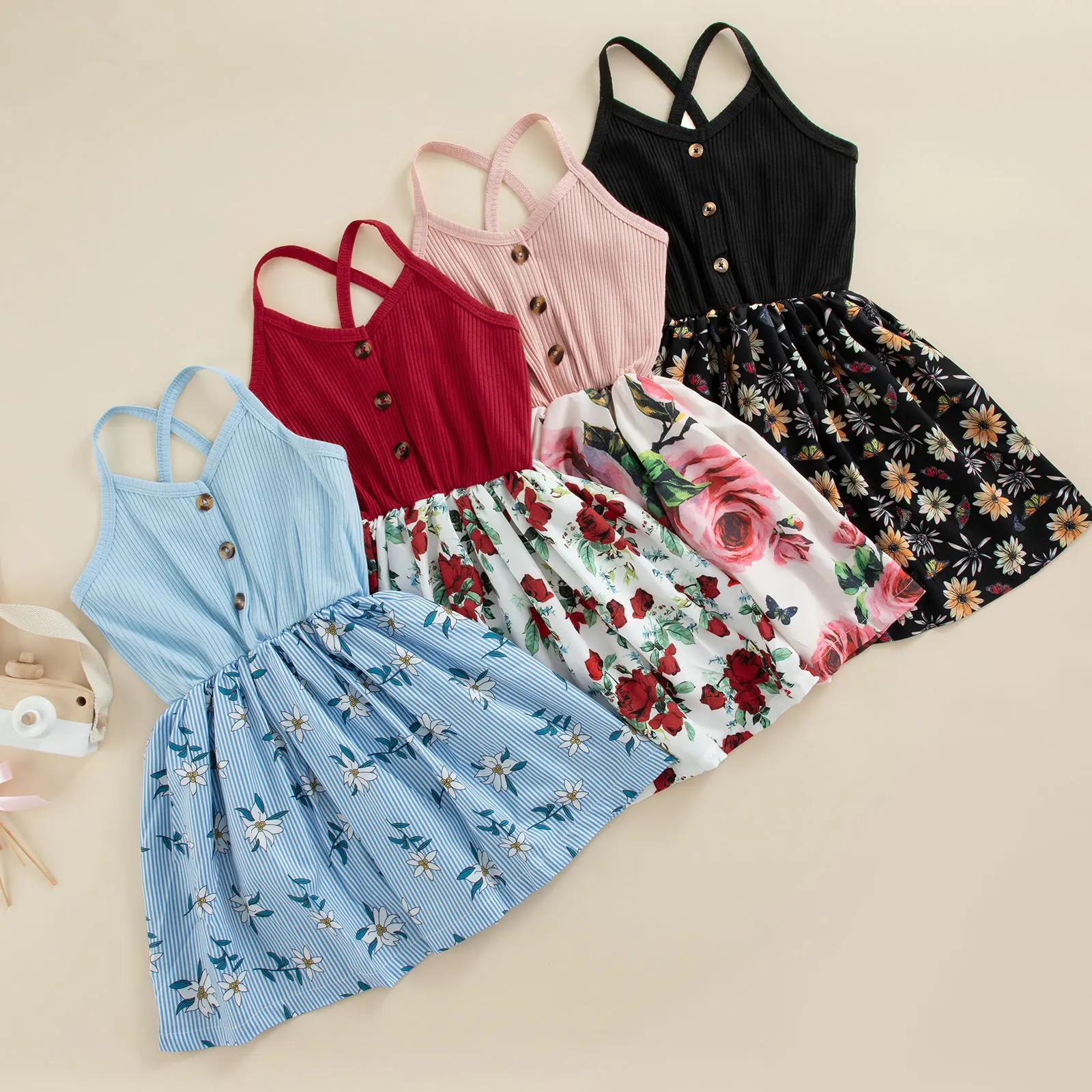 Детское Ребристое платье без рукавов для девочек с цветочным принтом и V-образным