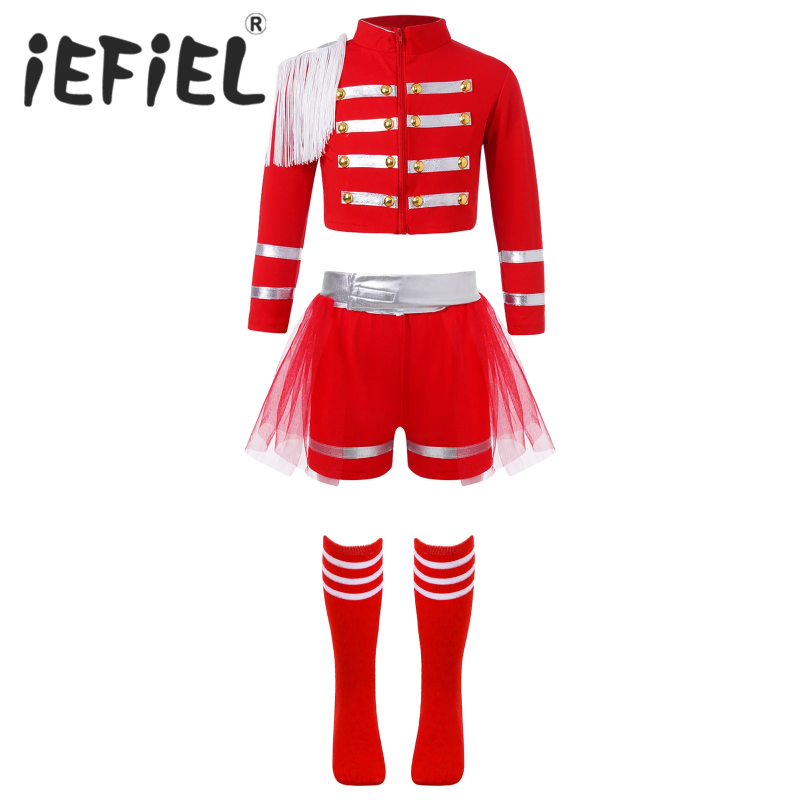 

Kids Girls Cheerleader Costume Jazz Modern Dancing Stage Performance Outfits Longe Sleeve Tops Shorts with Skirt and Socks Sets