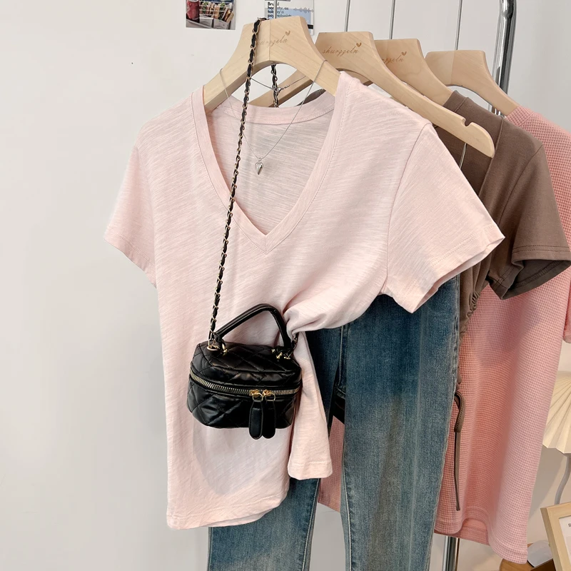 

2023 V-neck Female Summer T-Shirt Short Sleeve Loose Casual Women's Cotton Tees Office Lady Slim Tops Pullovers Black Pink White