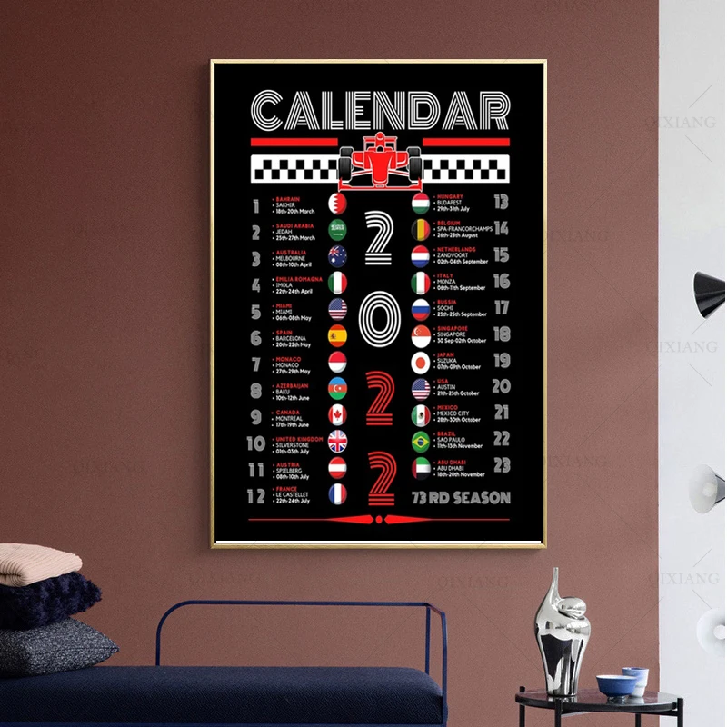 

2022 Formula 1 Calendar Poster 73rd Season Schedule Canvas Painting Prints F1 Racing Car Wall Art Picture For Room Home Decor