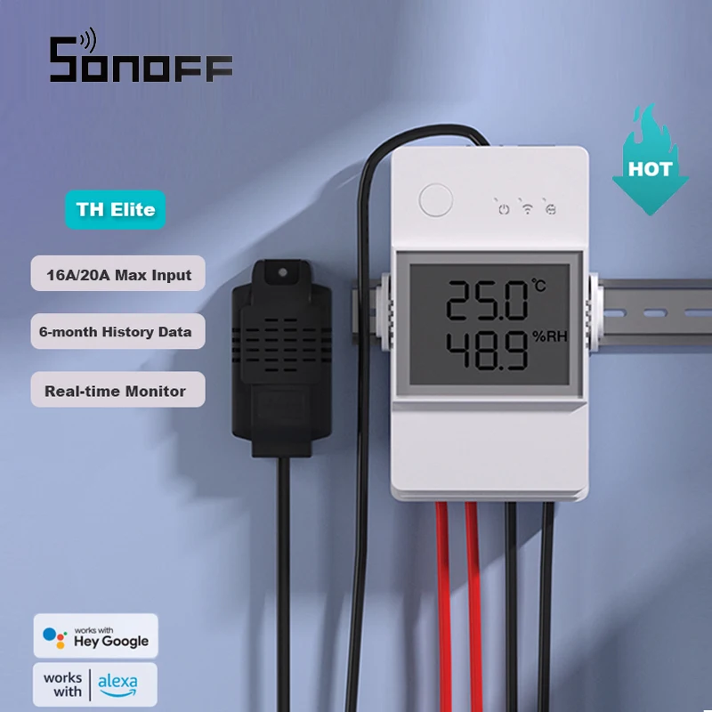 

SONOFF TH Elite 16A 20A Wifi Smart Temperature and Humidity Monitoring Switch THS01 DS18b20 Sensor Smart Home Via eWelink Alexa