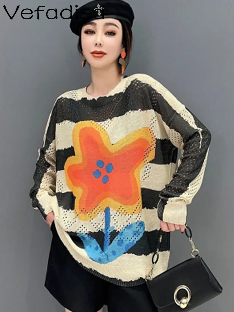 

Vefadisa 2023 Spring Autumn Fashion Double Color Stripe Floral Printted Knitted Pullover Flower Temperament Women Top LWL180