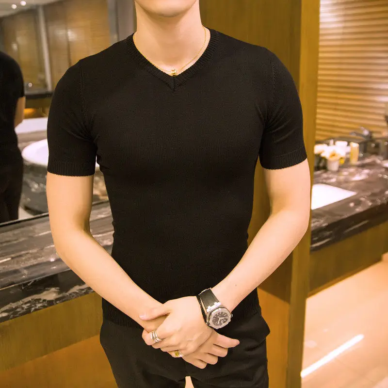 

2022 Summer New Men T-shirt Knitted Short Sleeves Top Men's Solid Color Round Collar Pullover T Shirt Slim Fit Casual Tees R24