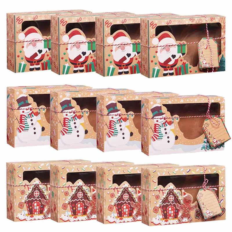 

3/6/12pcs Christmas Candy Cookies Boxes Gift Box Kraft Paper Packaging European Style Treat Bags Santa Snowman Xmas Gift Bag