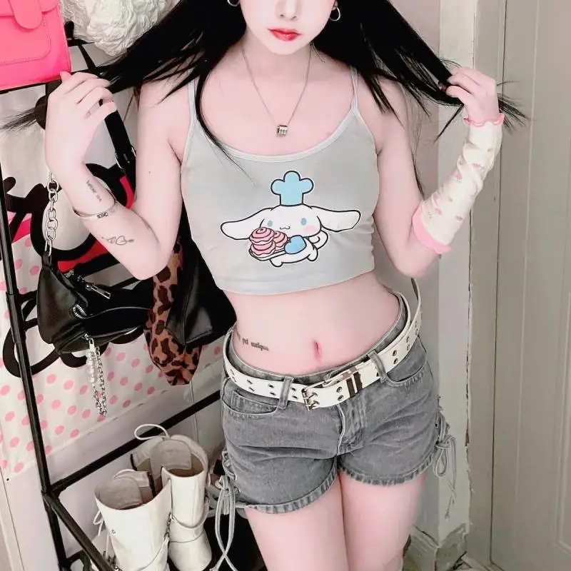 

Summer New Sanrio Kitty My Melody Cinnamoroll Suspenders Cute Girls Bottoming Shirt Slim Thin Short Section Outside Wear Tops