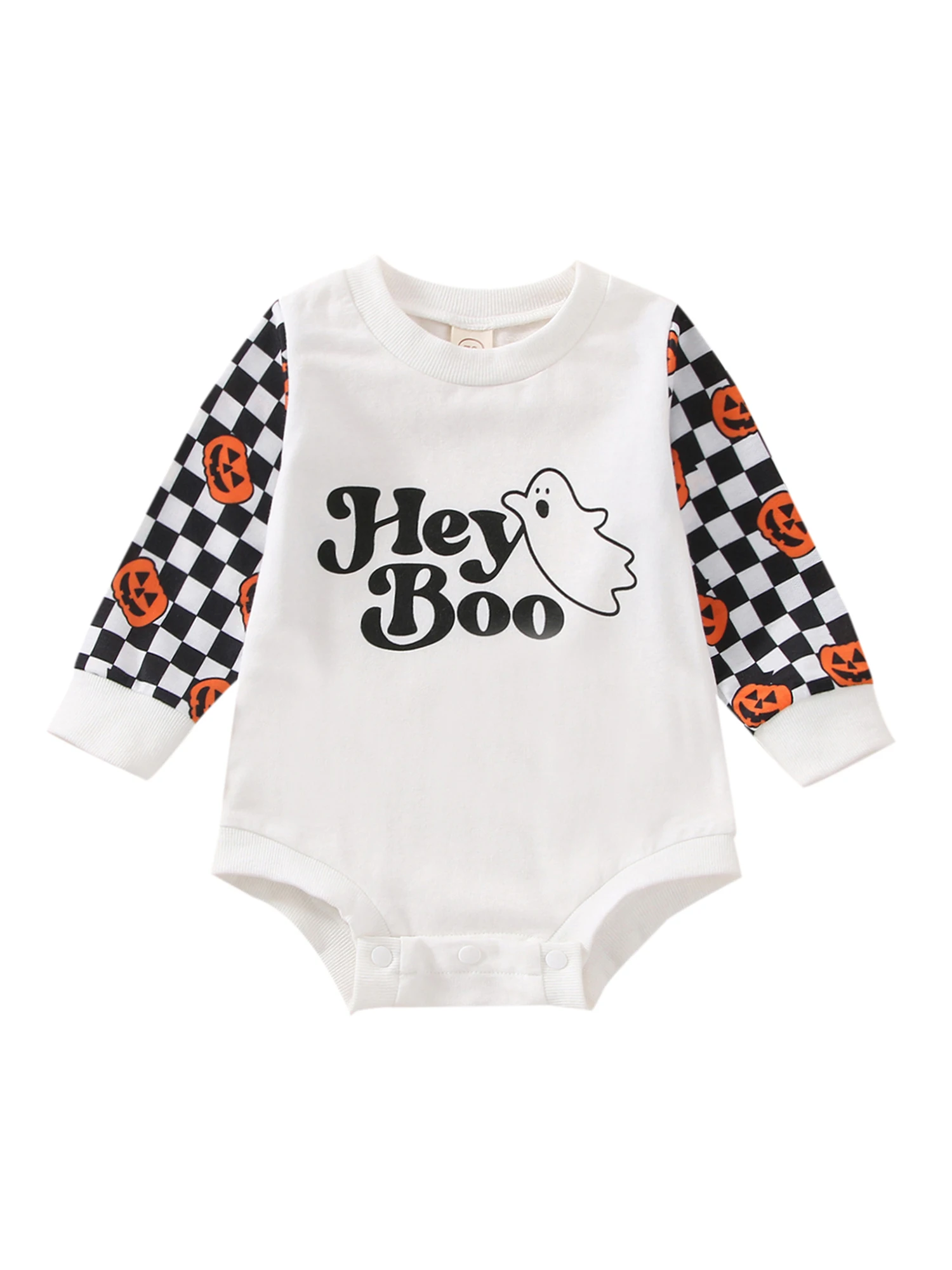

Newborn Baby Girls Boys Halloween Bodysuits Long Sleeve Letter Pumpkin Print Patchwork Casual Playsuit