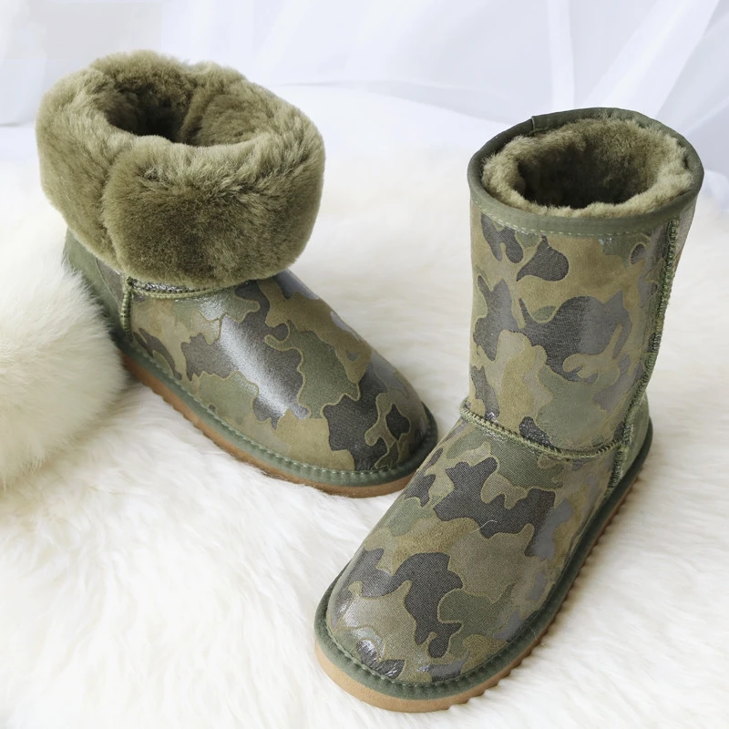 

G&ZaCo Luxury Winter Sheepskin Snow Boots for Women Natural Sheep Fur Mid Calf Boots Cotton Shoes Non-skid Camouflage Wool Boots