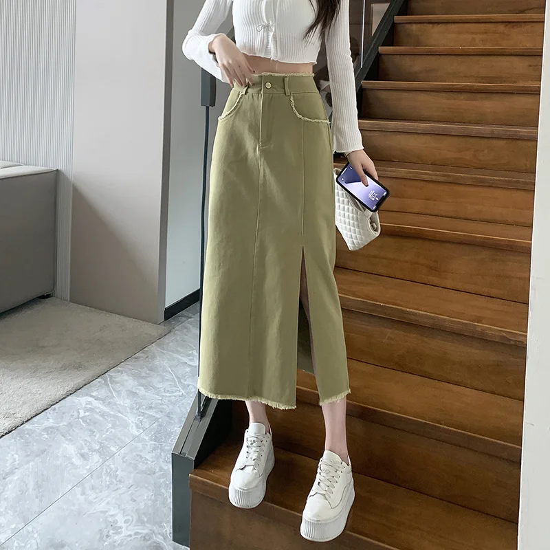 

Women Skirt 2023 Spring Summer High-Waisted Solid Color Denim Skirts Back Split Irregular Raw Edge Hem Casual Midi Skirt P377