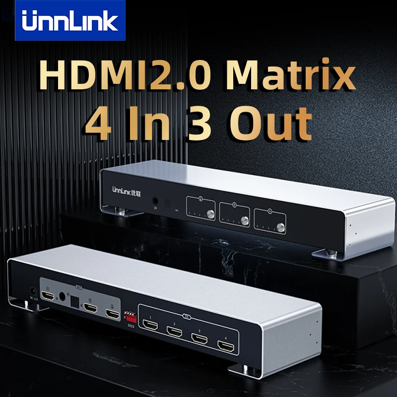

Unnlink HDMI 2.0 Matrix 4 In 3 Out Switch with Optical 3.5mm Audio Splitter For Home Theater
