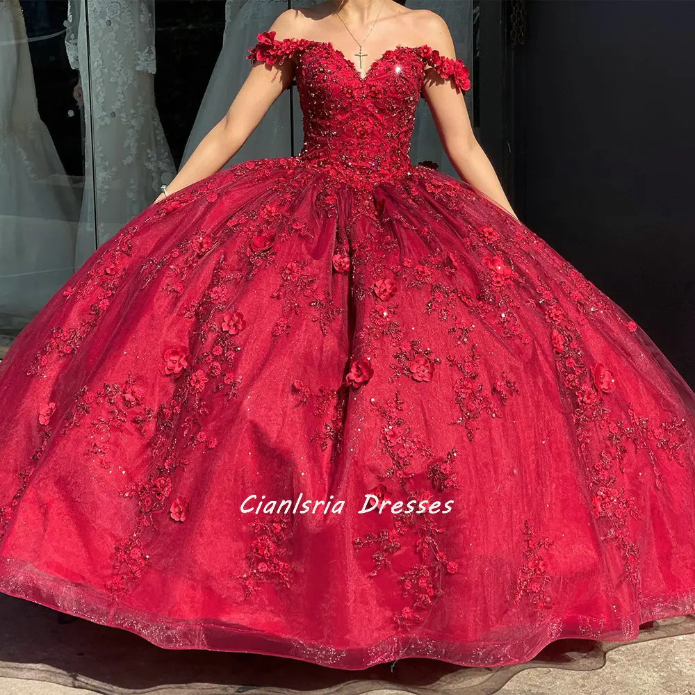 

Красное Кружевное платье Quinceanera с 3D цветочной аппликацией, бальное платье с открытыми плечами, бисером, кристаллами, для конкурса, дня рожде...