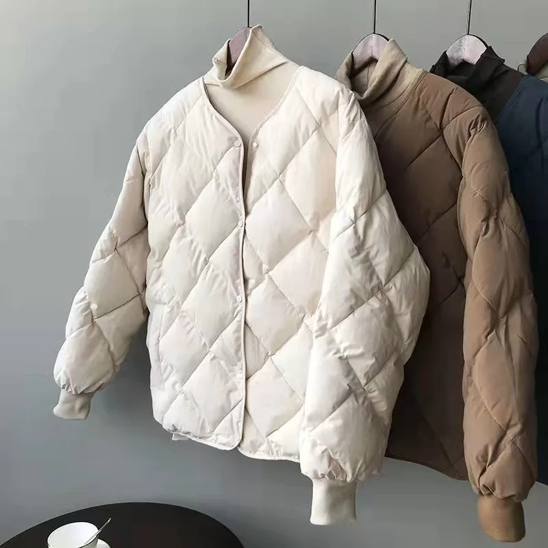 

2022 Winter Korean Solid Color Vintage Cotton Coat Diamond Lattice Fashion Simple Loose Casual Quilted Top Padded Jacket Women