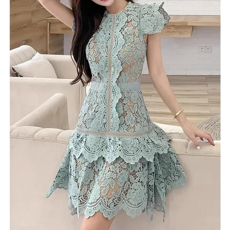 Новое летнее женское платье облегающее зеленое кружевное мини-платье с высокой