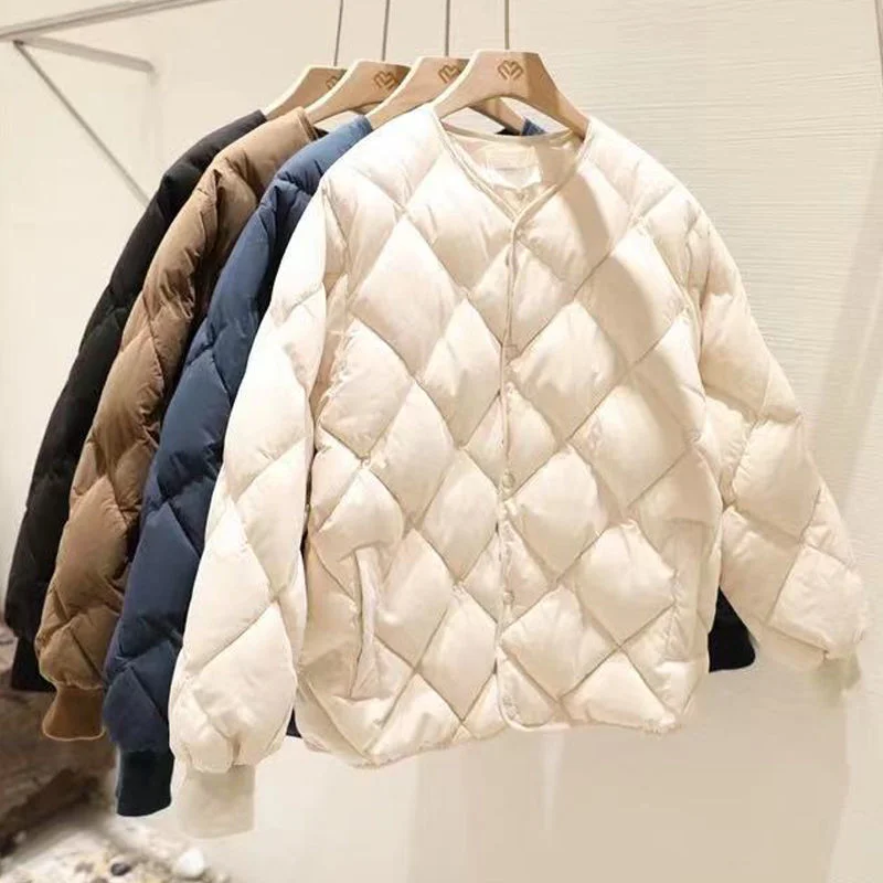 Baseball Clothes All-Match Simple Stylish O-neck Outwear White Duck Down Casual Jackets Solid Tops Warm Women Coat Loose Thicken