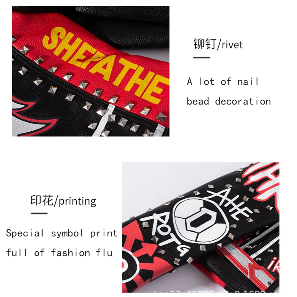 New Slim Women Pu Leather Jacket Graffiti Print Contrast Color Motorcycle  Short Lapel Coat Fit Beaded Studs Lender Outwear