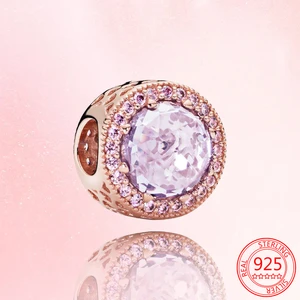 New 925 Sterling Silver for Women Rose Gold Sparkling Lavender Beads Charms Fit Original Pandora Bracelet Bangle Jewelry Gift