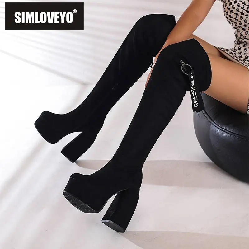 

ORCHA LISA Woman's Stretchy Boots 54cm Round Toe Chunky High Heels 14.5cm Platform 4.5cm Flock Thigh Booties Plus Size 46 47 48