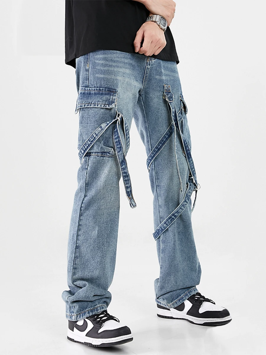 Four Seasons European and American Men Trend Loose Tooling Multi-pocket Streamers Straight Casual Denim Trousers Streetwear Men