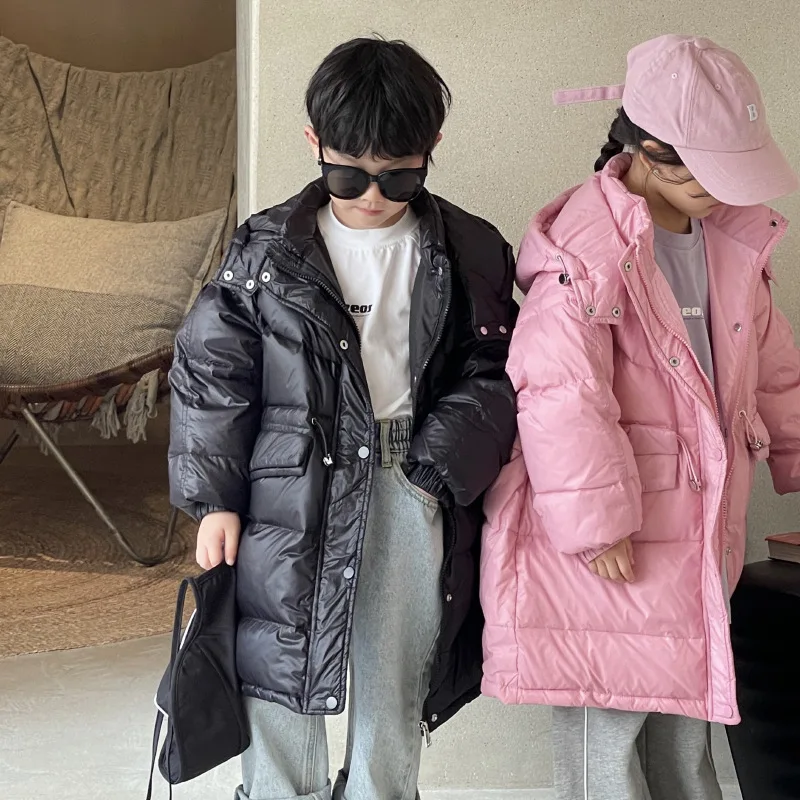 New Boys And Girls  Medium And Long Size Pink Black Down Jacket Warm Children's Winter Coat