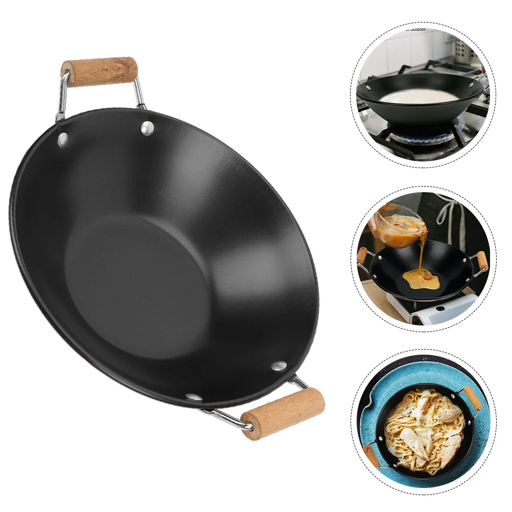 

Daily Use Wok Double Wooden Handle Hot Pot Kitchen Cooking Wok Home Supply