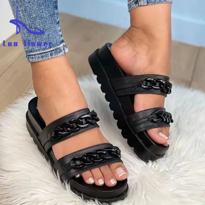 

Женские шлепанцы на плоской подошве, пляжные сандалии без застежки, с круглым носком, на цепочке, Повседневные тапочки, лето 2022