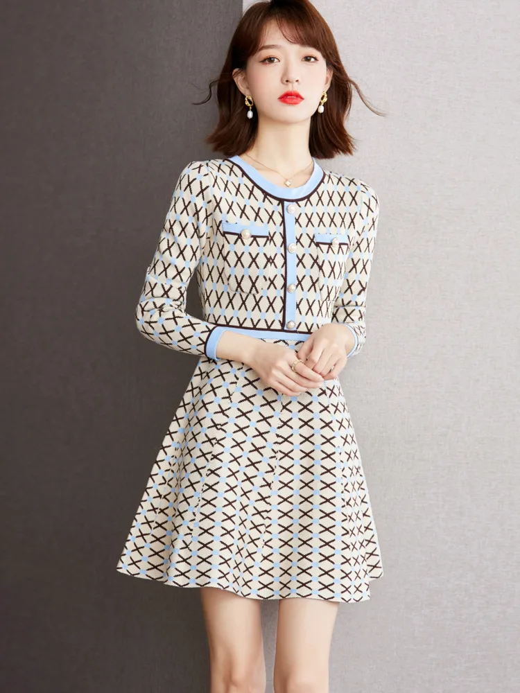 

Vintage Bird Lattice Knitting Round Neck Mini Dress Korean Fashion Elegant Office Lady Buttons Long Dresses For Women Autumn