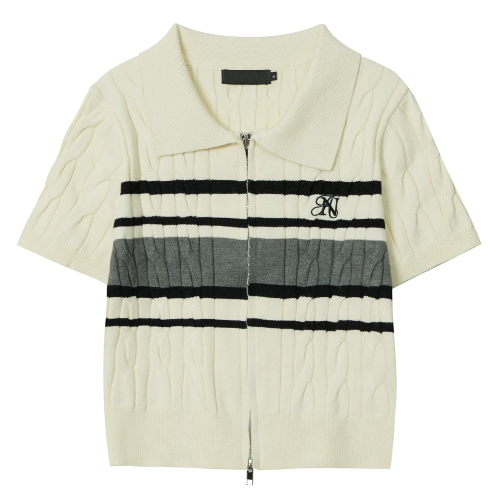 

Twist Knitwears Spring Summer Korean Fashion Womens Clothing Short Sleeve Slim Tops Lapel Double Zipper Sweater Cardigans