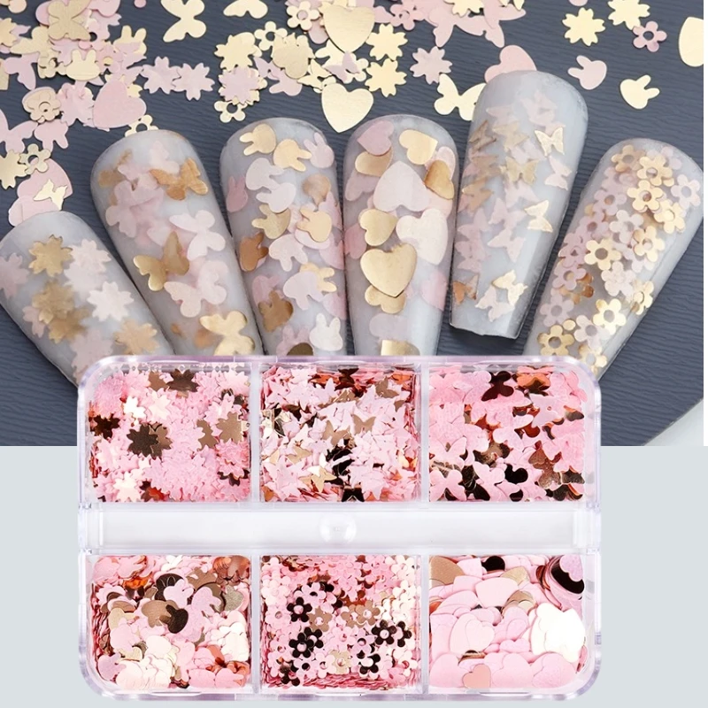 

3D Pink Butterfly Flowers Nail Art Charms Parts Kit Gold Glitter Sequins Rabbit Love Hearts Accessories for Gel Nail Supplies