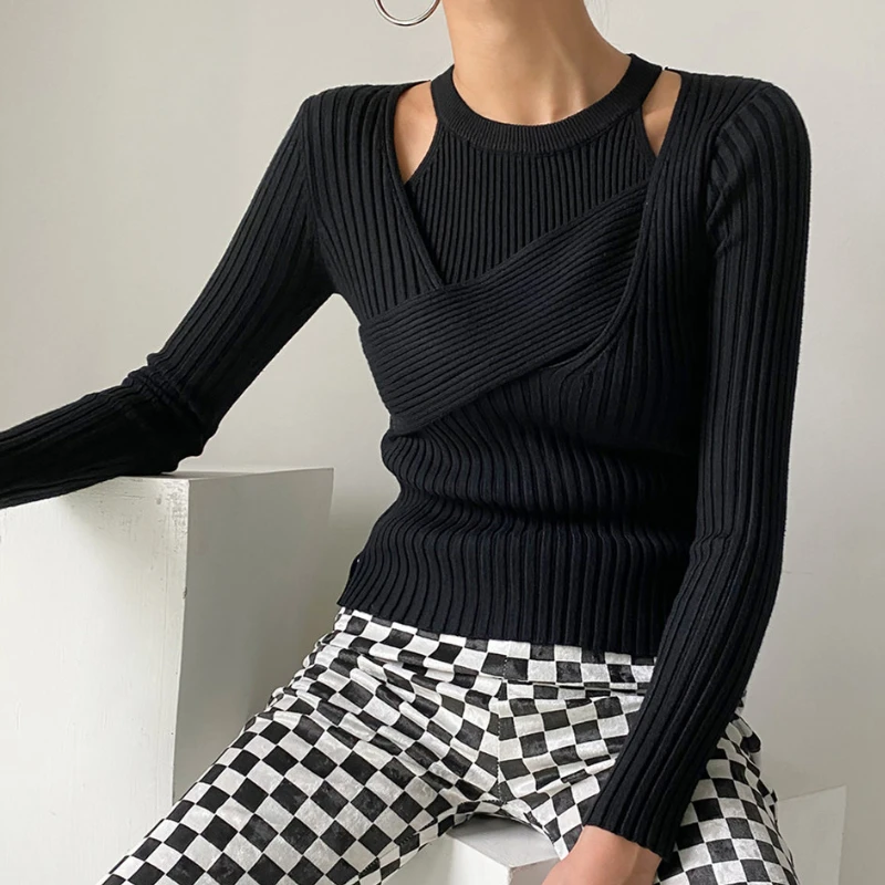 

Свитер из двух предметов, Новинка весна-осень, с длинным рукавом, Осень-зима, утепленная Корейская Футболка с воротником-стойкой, свитер с во...