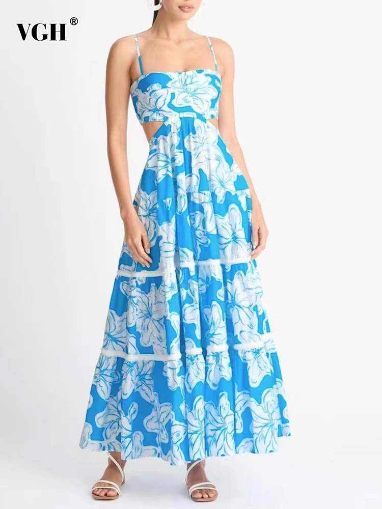 

VGH Camisole Print Slim Dress For Women Square Collar Sleeveless High Waist Spliced Hollow Out Long Dresses Female Summer Style