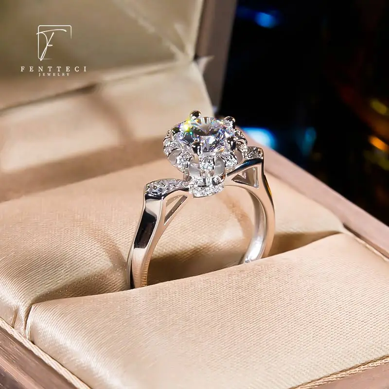 FENTTECI 925 Sterling Silver Luxury Flower Ring Moissanite 6 Prongs Holding Flower Bud 1ct Diamond Ring Female Wedding Proposal