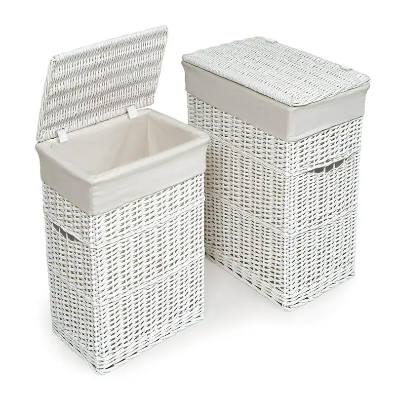 

Wicker Two Hamper Set with Liners - White Portable Laundry Hamper