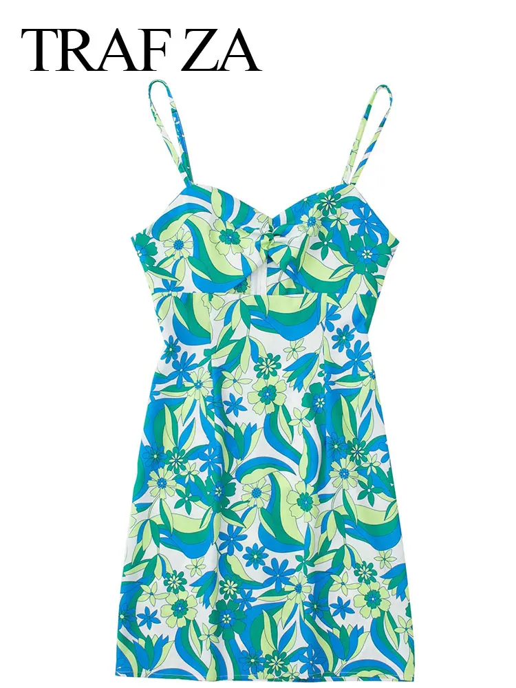 

TRAF ZA Fresh Retro Floral Print Back Pleated Zipper Sling Ladies Dress Cool Charming Fashion Chest Cutout Mini Women's Dress