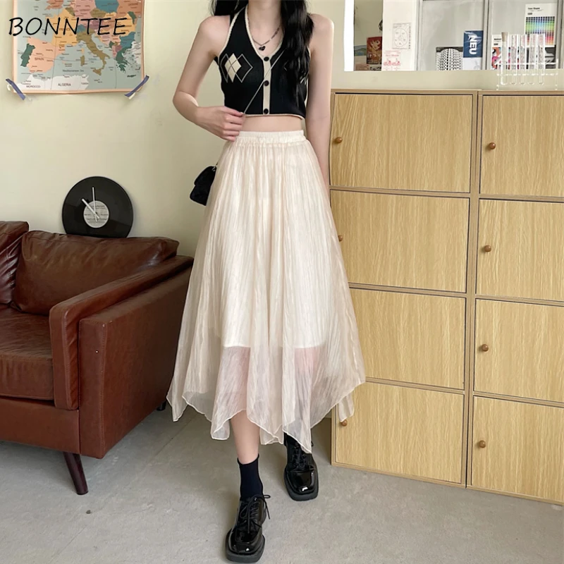 

Skirts Women Asymmetrical Design New Elastic Waist Korean Style Colleges Solid All-match Daily Casual Simple Empire Summer Soft