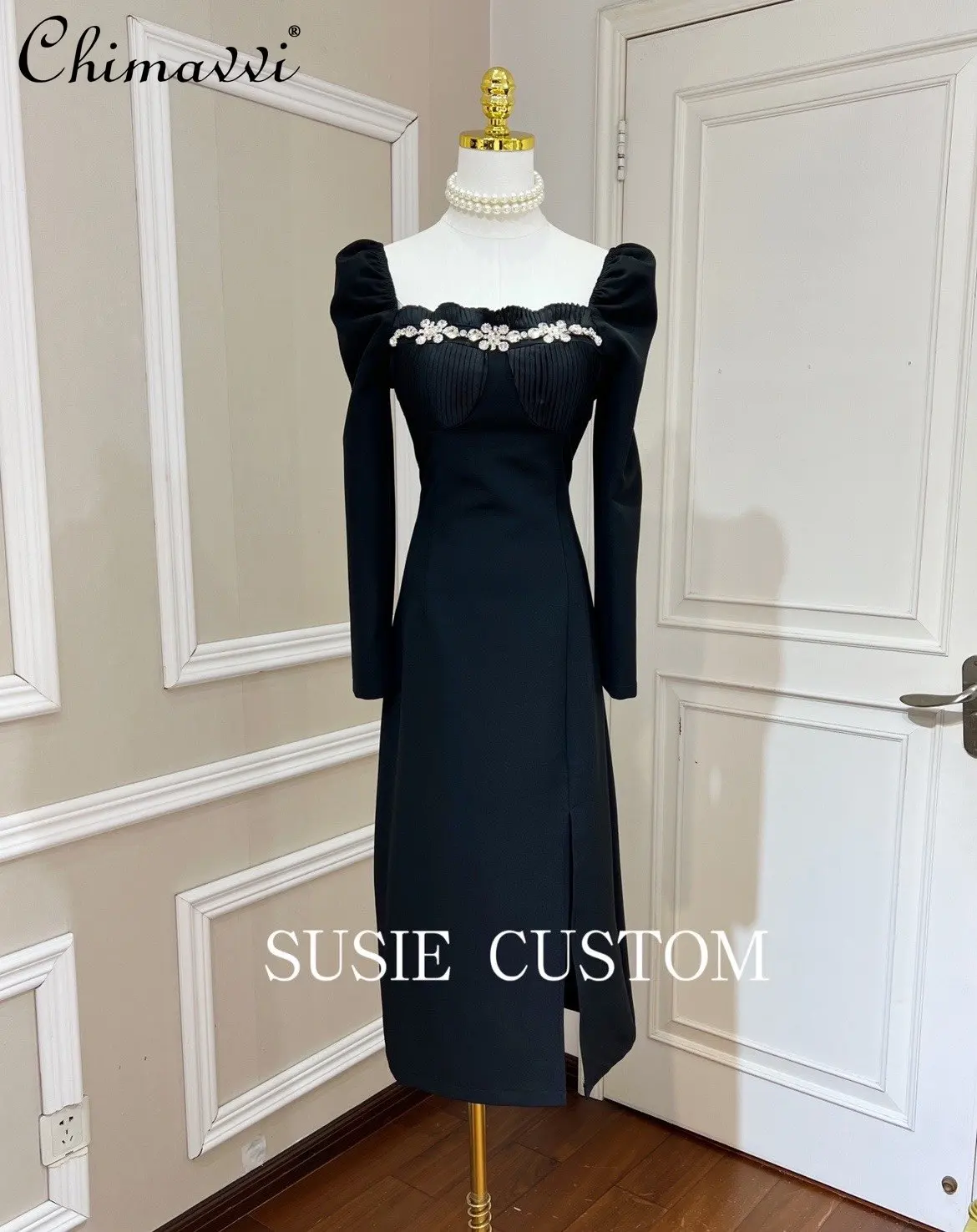 Rhinestone Satin Pleated Wooden Ear Puff Sleeve Slim Fit Waist A- Line Dress Women Fashion Retro Square Collar Long Sleeve Dress