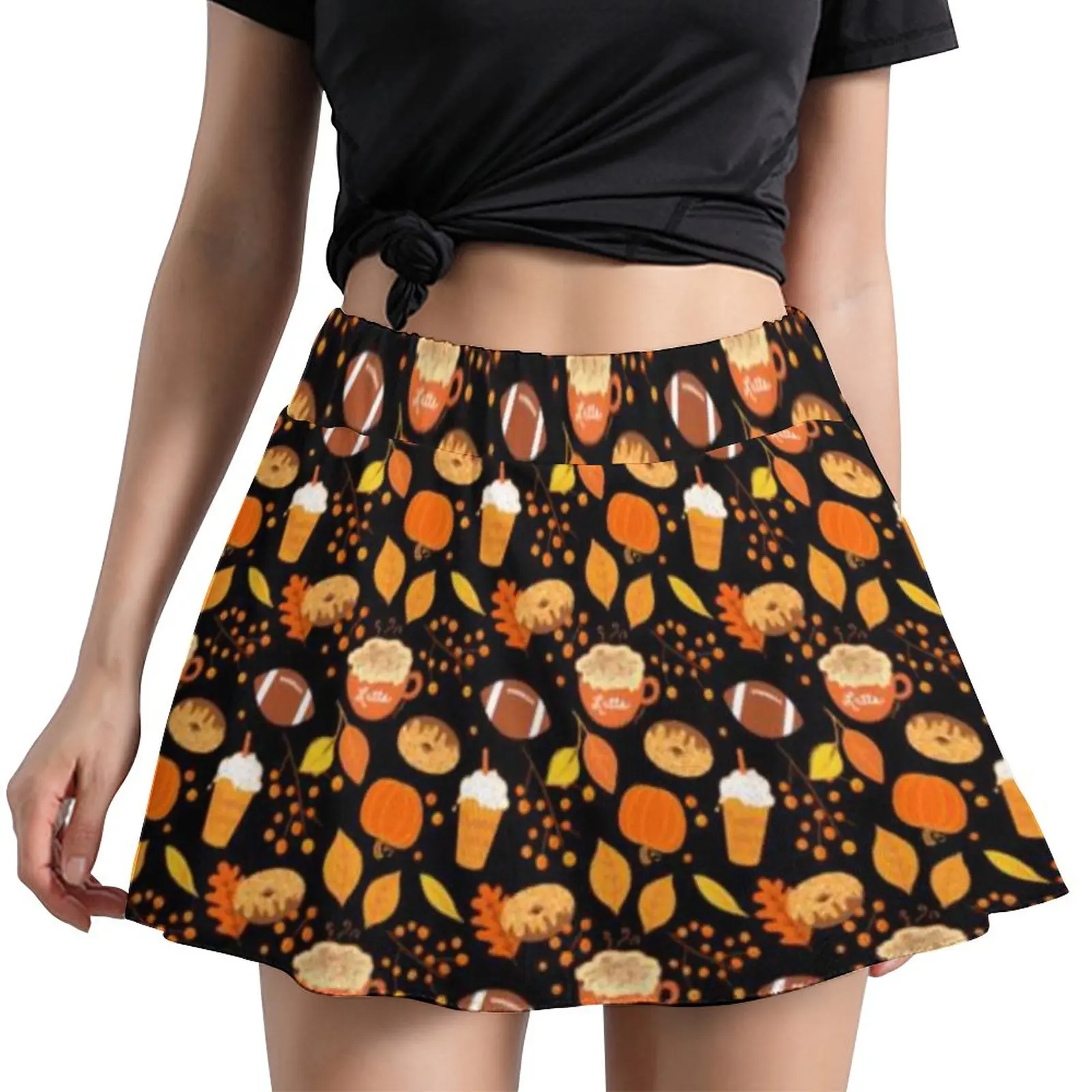 

Юбка трапециевидная женская с листьями и тыквой, Повседневная Милая Мини-юбка оверсайз с шоколадным пончиком, лето-осень