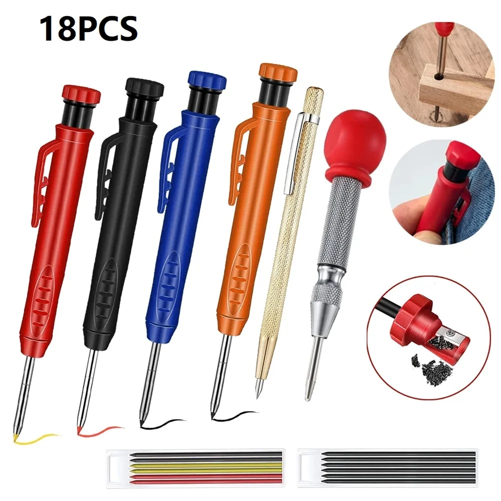 

18pcs Carpenter Pencils Deep Hole Marker Pen Mini Adjustable Graphite Refill With Sharpener Woodworking Pencil Marking Tools