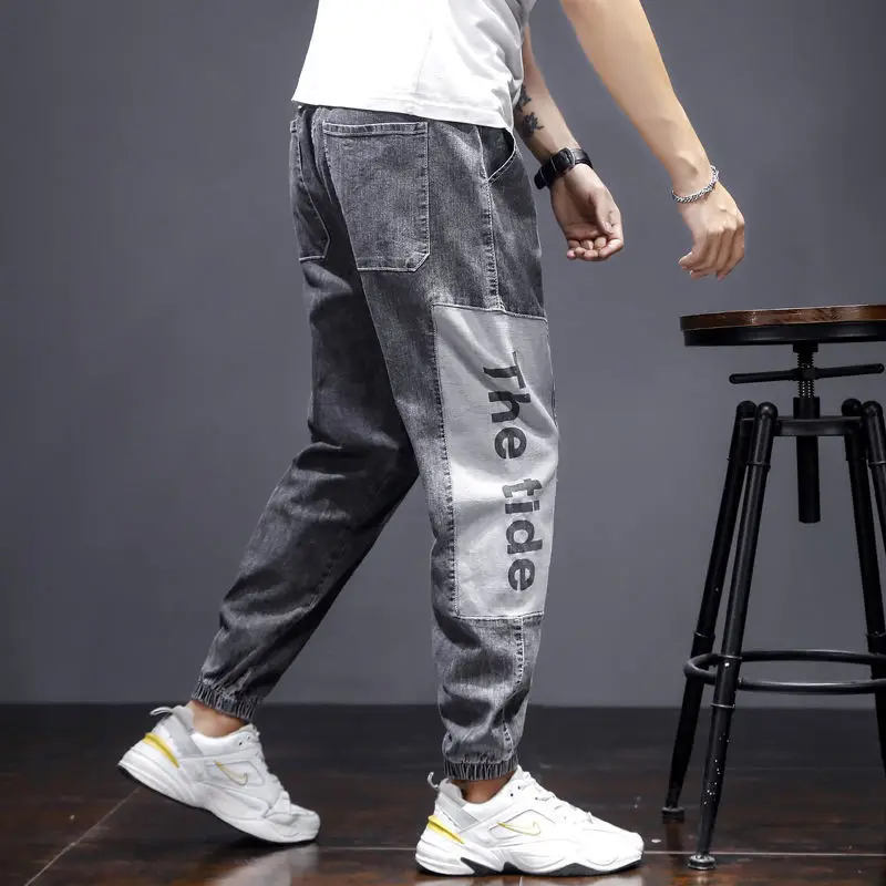 New Stitching Harem Jeans Men's Casual Fat Man Large Size Nine-point Pants Ins Tide Brand Leggings Men's