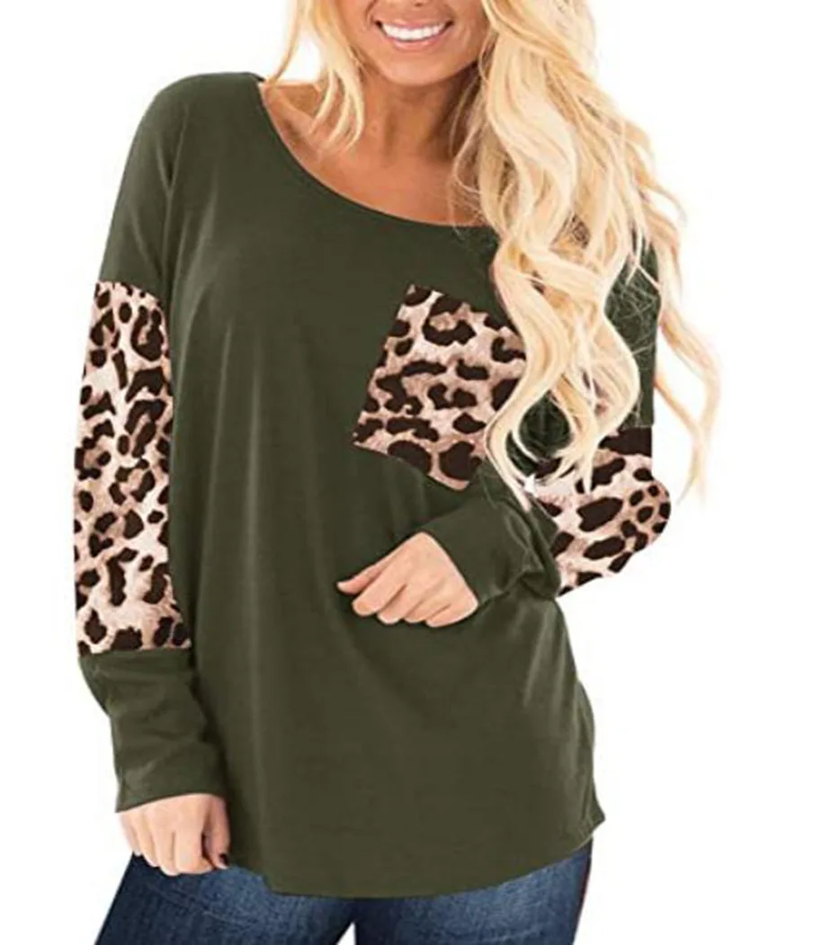 

2022 round neck leopard print stitching ladies loose top long sleeve T-shirt