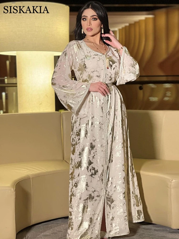 

Fashion Muslim Abaya Dress for Women Fall 2022 Dubai Jalabiat Turkey Arabic Oman Moroccan Caftan White Golden