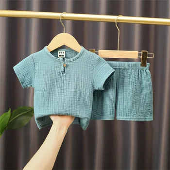 Boys Girls Clothing Sets Summer Solid Cotton Linen T-shirts+vogue Shorts Kids Clothes Casual Clothing Sets for Children 1
