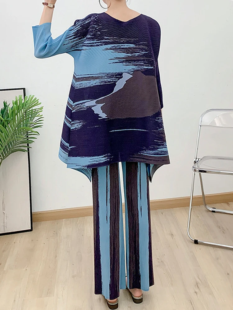 Женские плиссированные комплекты DEAT свободный топ с длинным рукавом и круглым