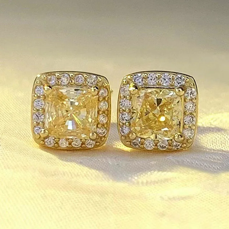 

2023 New S925 Silver High Carbon Diamond Square Yellow Diamond Ear Studs for Female Radian