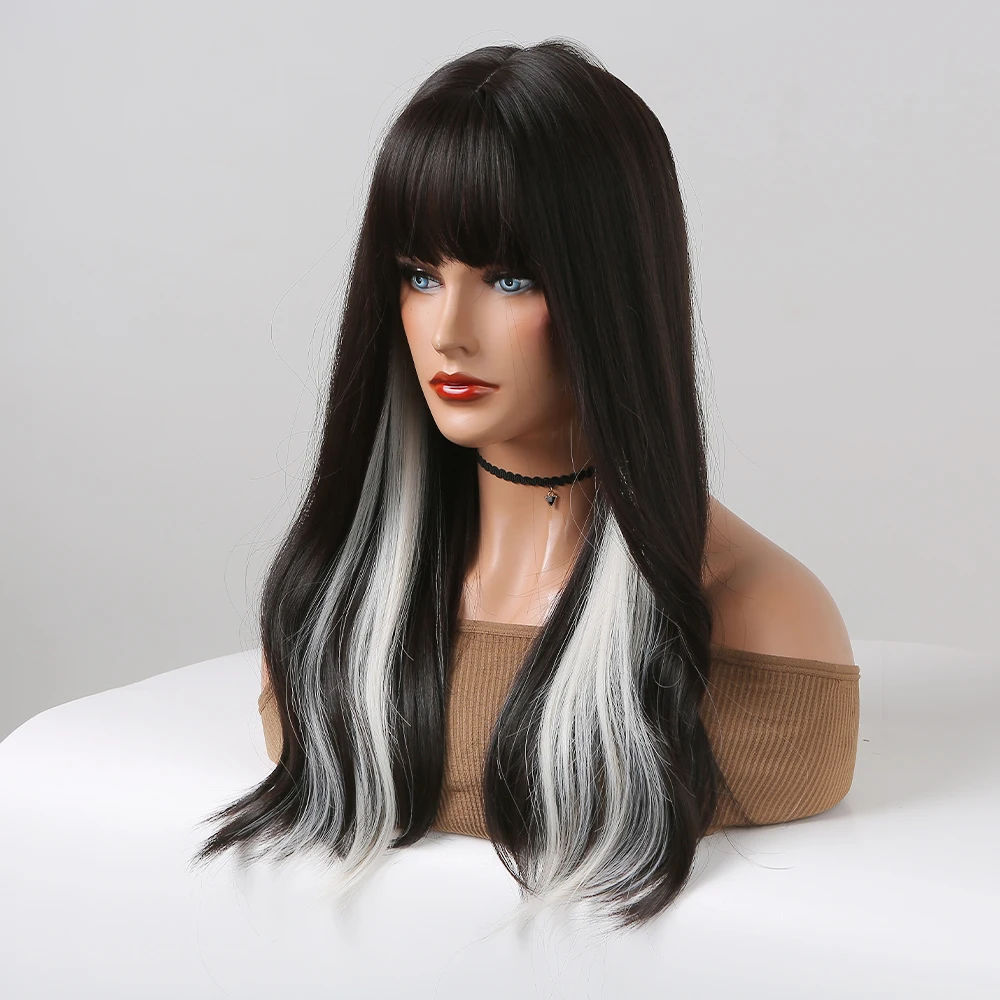 Long Natural Wavy Synthetic Wig Black Highlight White Wigs with Bangs for Women Cosplay Lolita Daily Party Heat Resistant Fibre