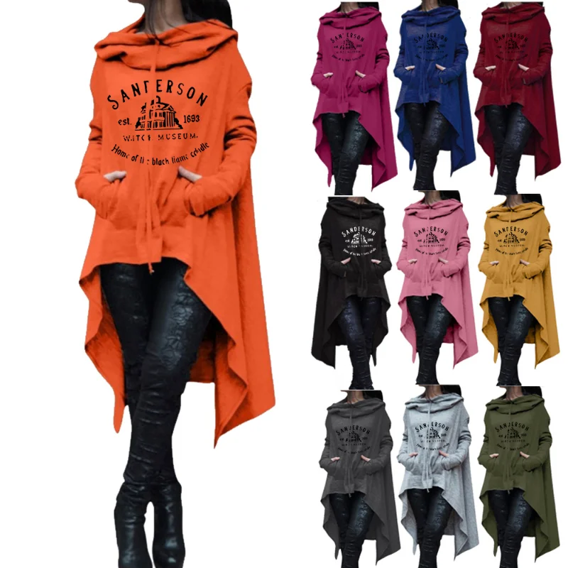 

Women's Casual Hoodie Autumn Winter New Retro Long Section Long-sleeved Large Yards Irregular Sweater Hat Set Head Print Tops