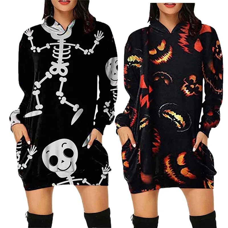 

Hoodies Women Hooded Shirt Halloween Pumpkin Print Pocket Hoody Dress Medium Long Sleeve Sweatshirts Girl Pullover ropa mujer