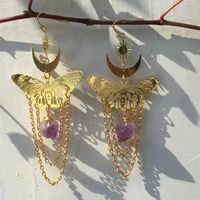 gold plated chain sun moon butterfly earrings purple crystal pendant tassel earrings boho earrings womens charm jewelry