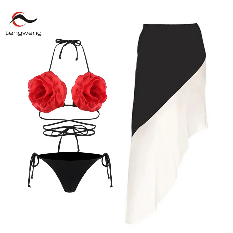 

Tengweng 2024 New 3D Flower Bikini Set Solid Black 3 Pieces Brazilian Biquini Swimwear Skirt Bathing Suit Summer Beachwear Dress