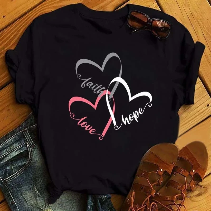 

Women T Shirt Funny Love Heart Casual T-shirt Summer Casual Short Sleeve Harajuku Tops New Graphic Woman Tees Black Tops